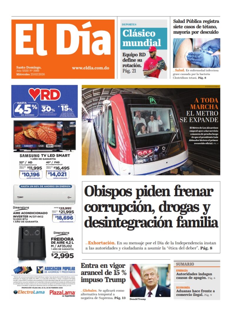 Portada Periódico El Día, Miércoles 25, Febrero, 2026