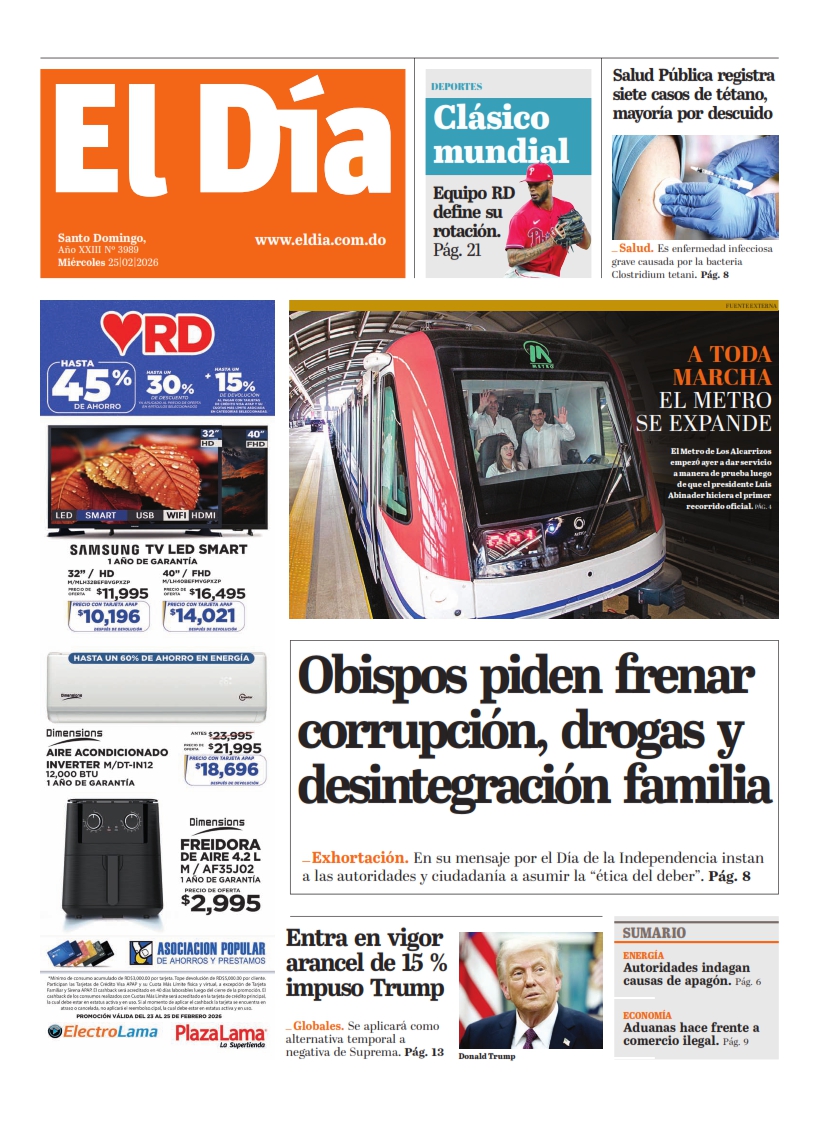 Portada Periódico El Día, Miércoles 25, Febrero, 2026