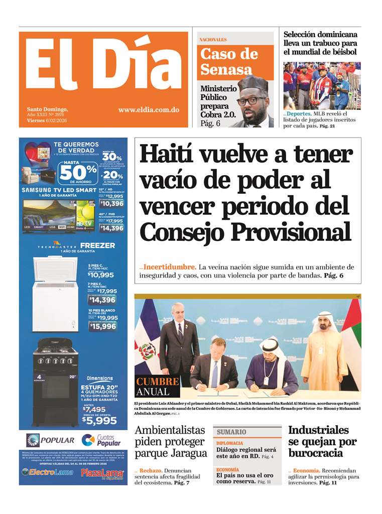 Portada Periódico El Día, Viernes 06, Febrero, 2026