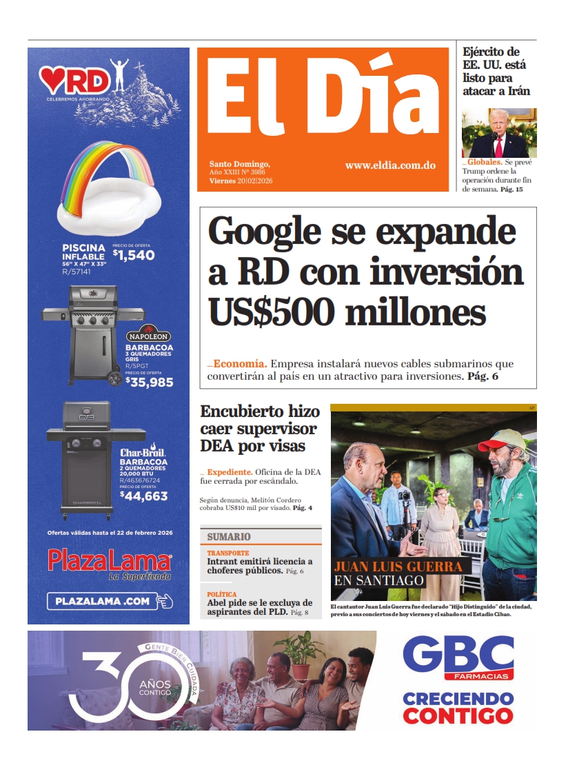 Portada Periódico El Día, Viernes 20, Febrero, 2026