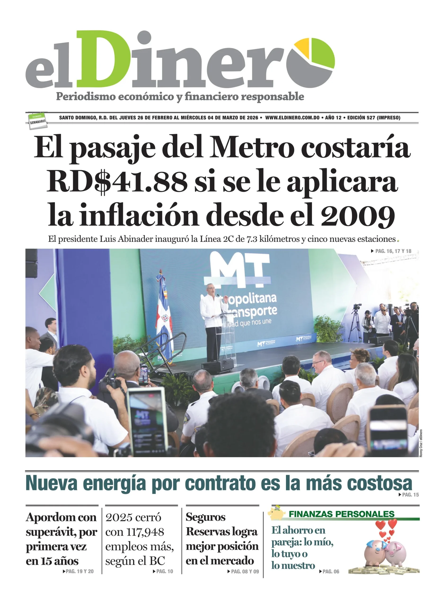 Portada Periódico El Dinero, Jueves 26, Febrero, 2026