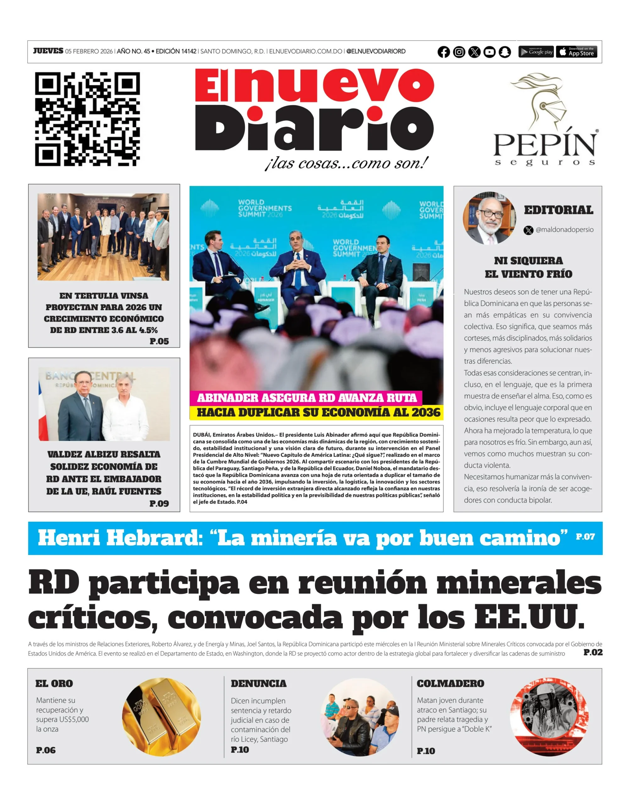 Portada Periódico El Nuevo Diario, Jueves 05, Febrero, 2026