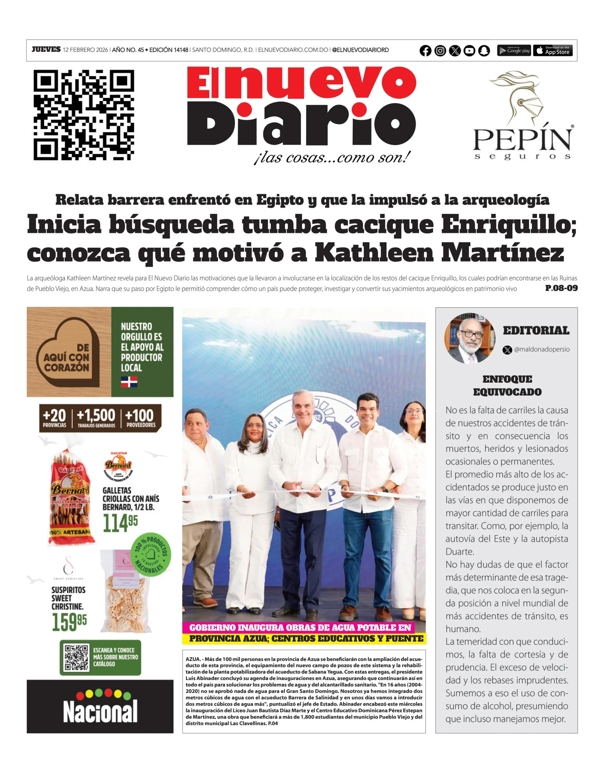 Portada Periódico El Nuevo Diario, Jueves 12, Febrero, 2026