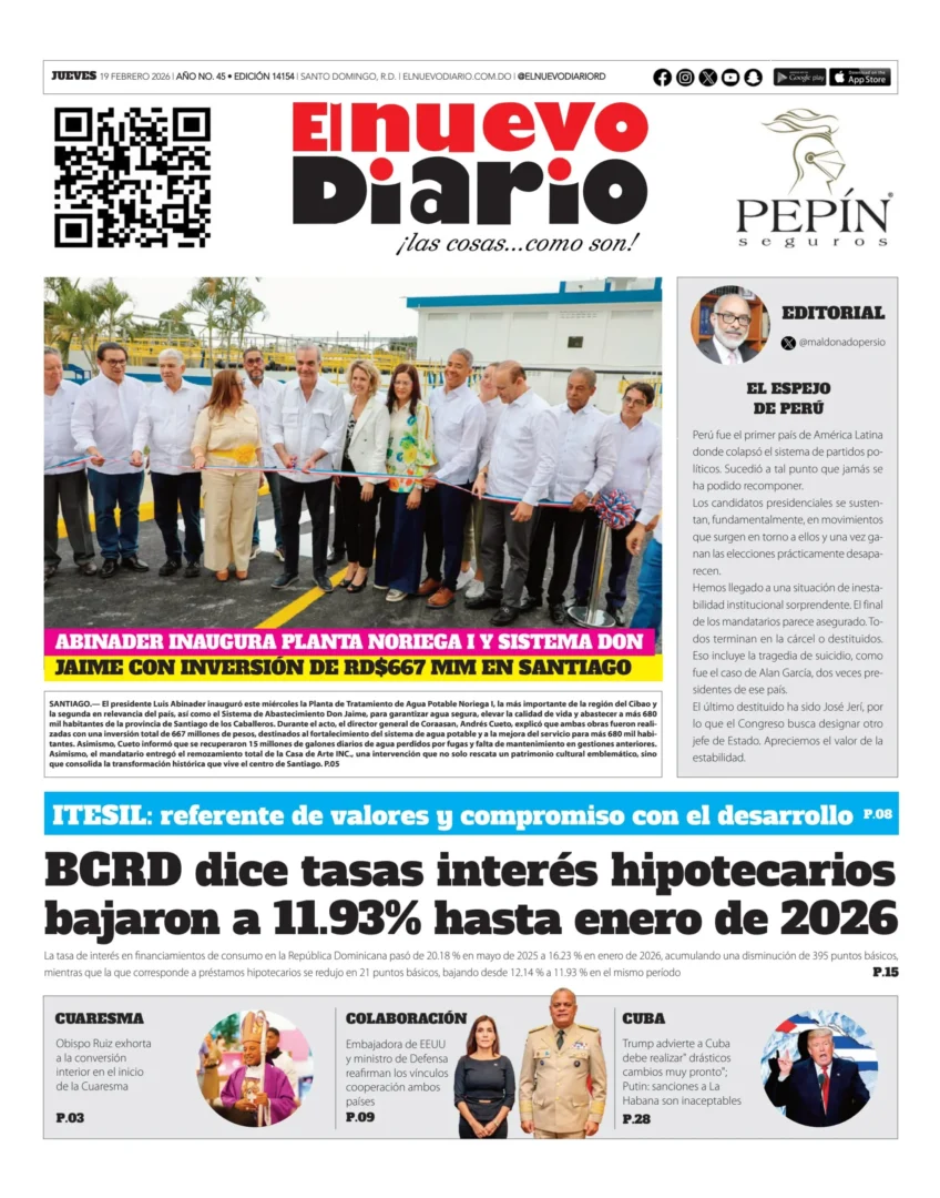 Portada Periódico El Nuevo Diario, Jueves 19, Febrero, 2026