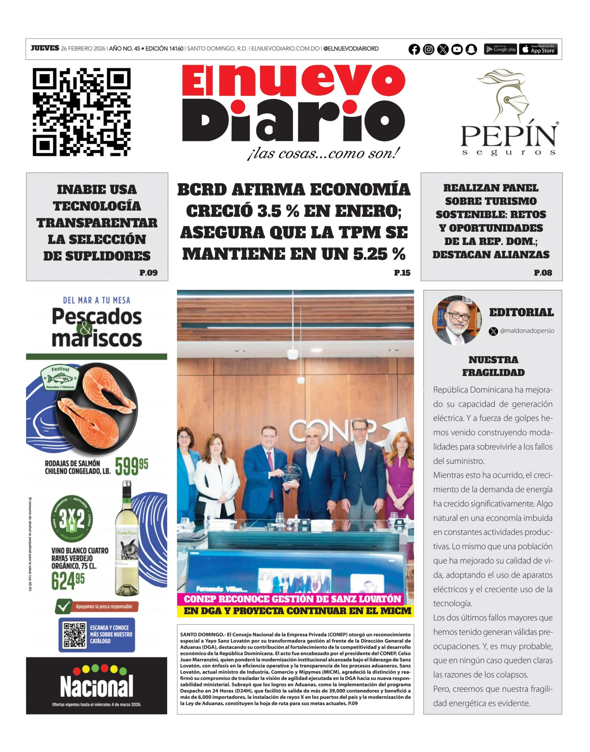 Portada Periódico El Nuevo Diario, Jueves 26, Febrero, 2026