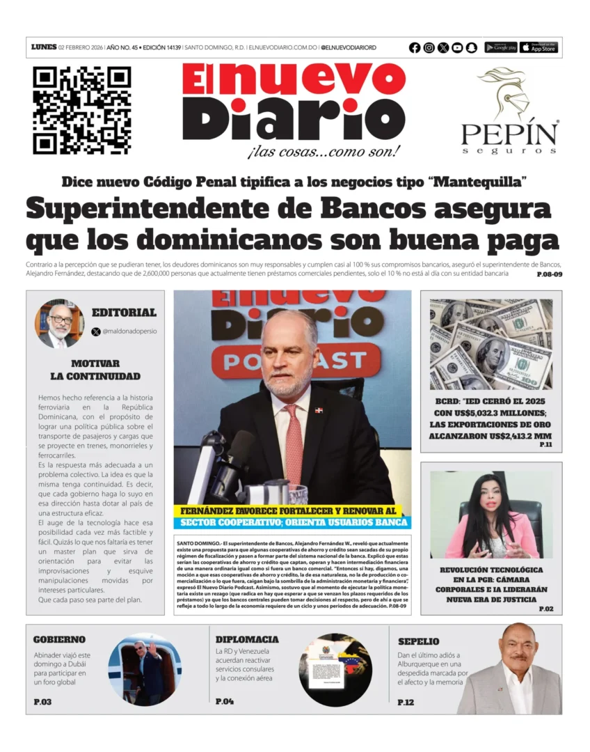 Portada Periódico El Nuevo Diario, Lunes 02, Febrero, 2026