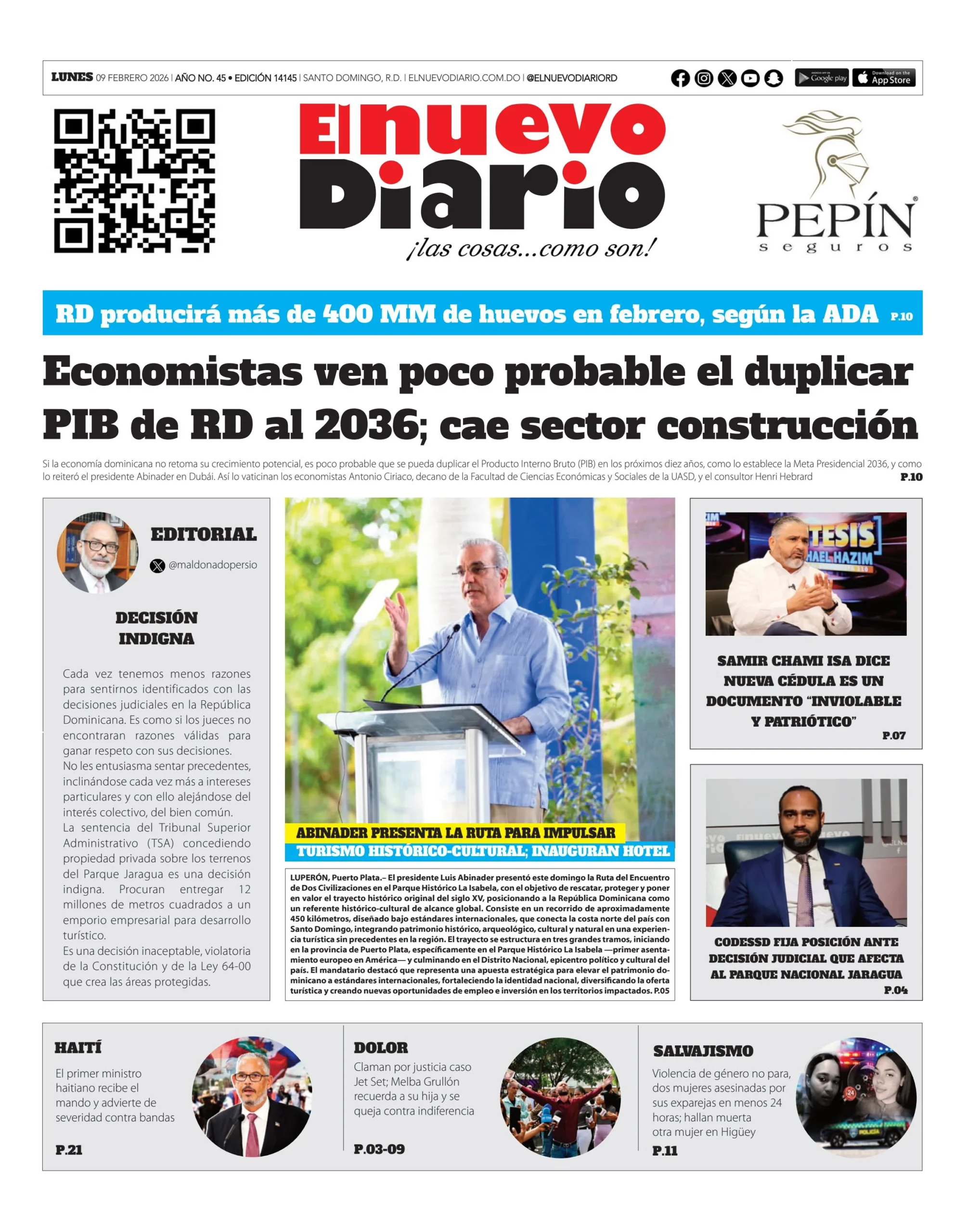 Portada Periódico El Nuevo Diario, Lunes 09, Febrero, 2026