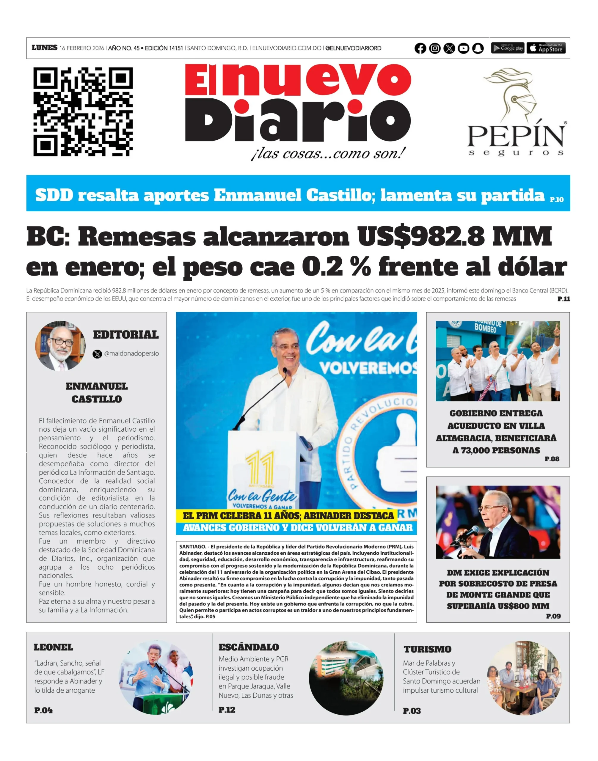 Portada Periódico El Nuevo Diario, Lunes 16, Febrero, 2026