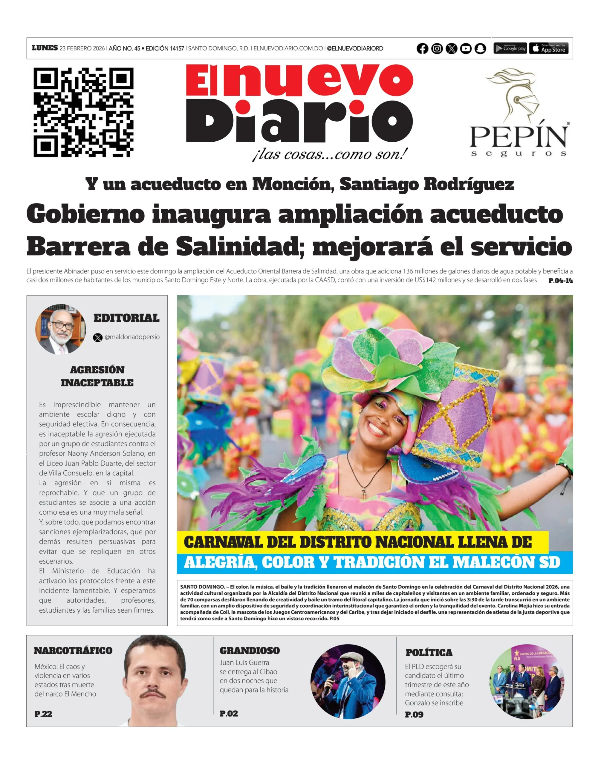 Portada Periódico El Nuevo Diario, Lunes 23, Febrero, 2026