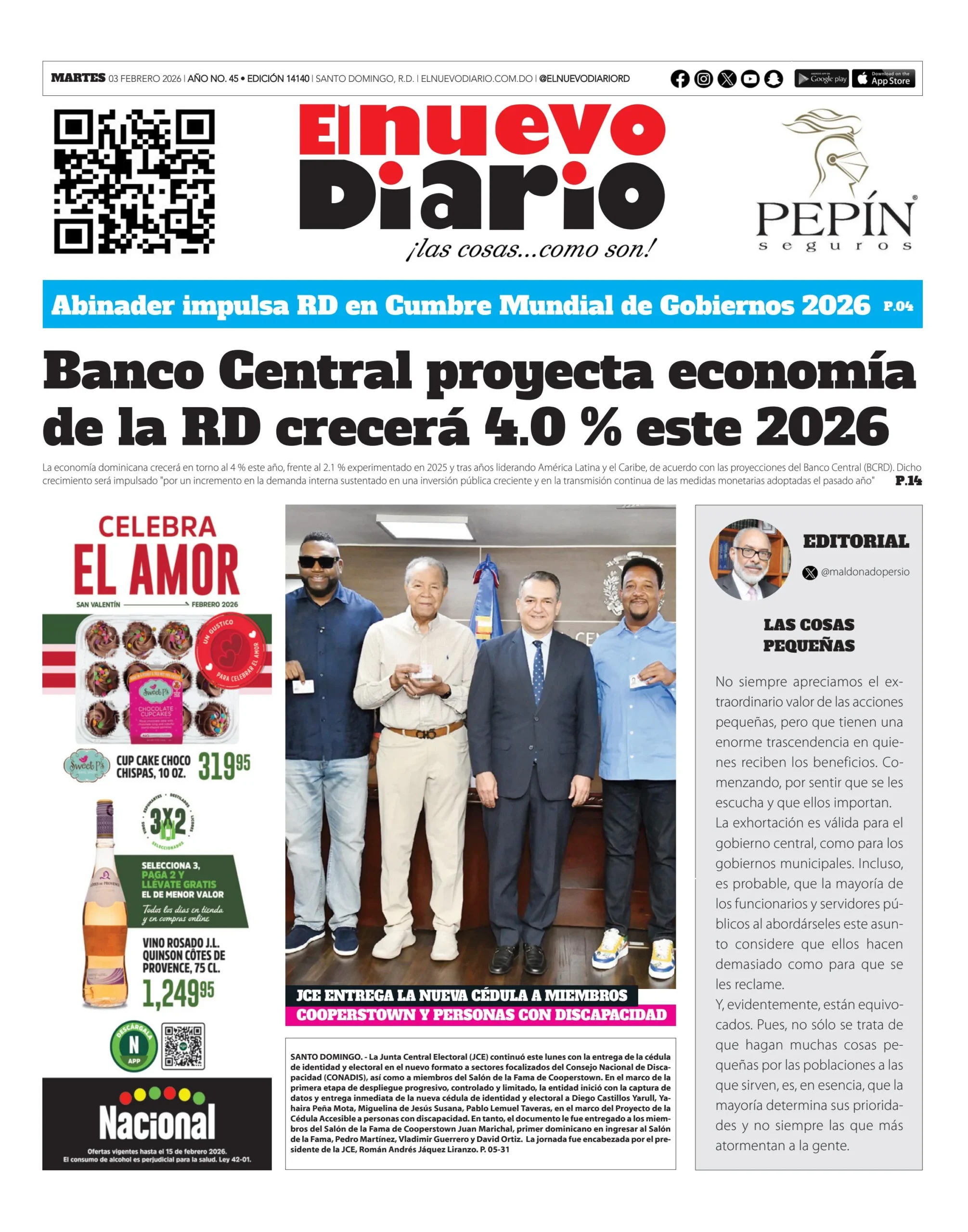 Portada Periódico El Nuevo Diario, Martes 03, Febrero, 2026