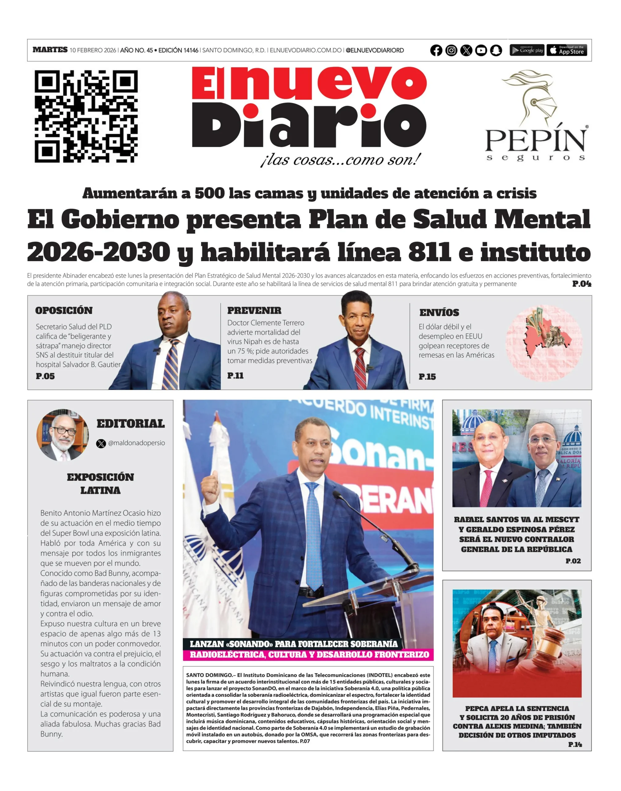 Portada Periódico El Nuevo Diario, Martes 10, Febrero, 2026