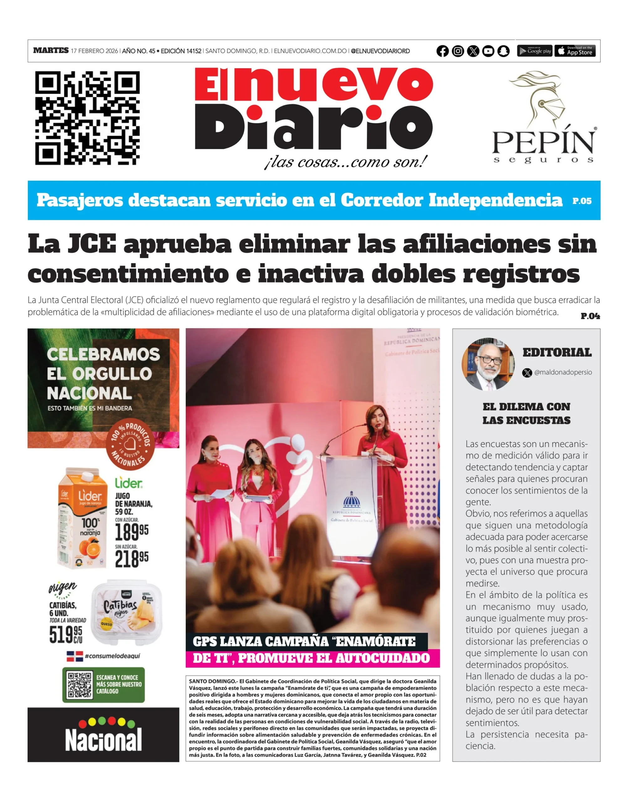 Portada Periódico El Nuevo Diario, Martes 17, Febrero, 2026