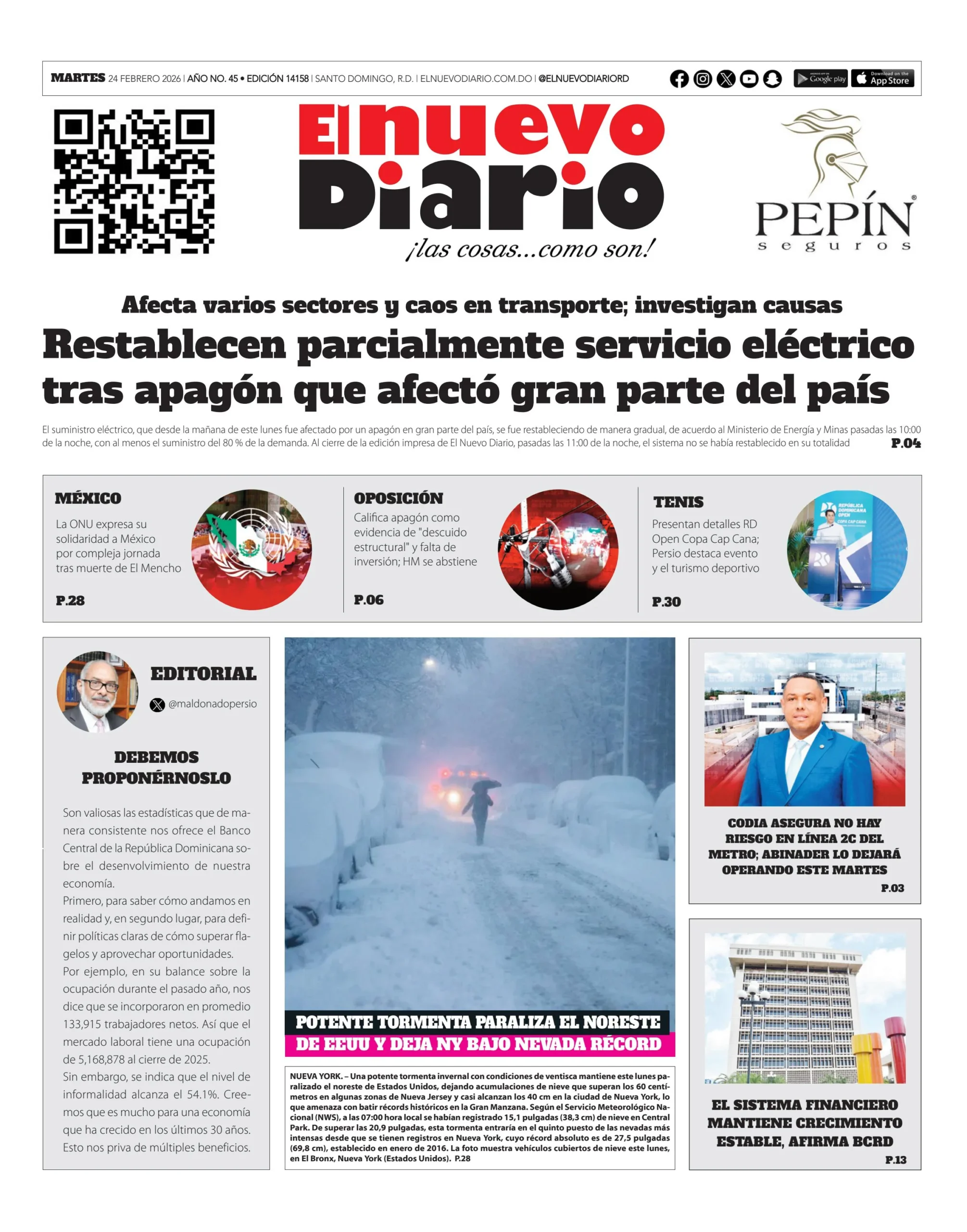 Portada Periódico El Nuevo Diario, Martes 24, Febrero, 2026