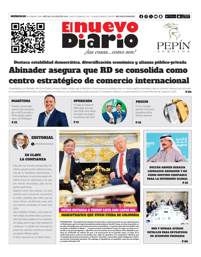 Portada Periódico El Nuevo Diario, Miércoles 04, Febrero, 2026