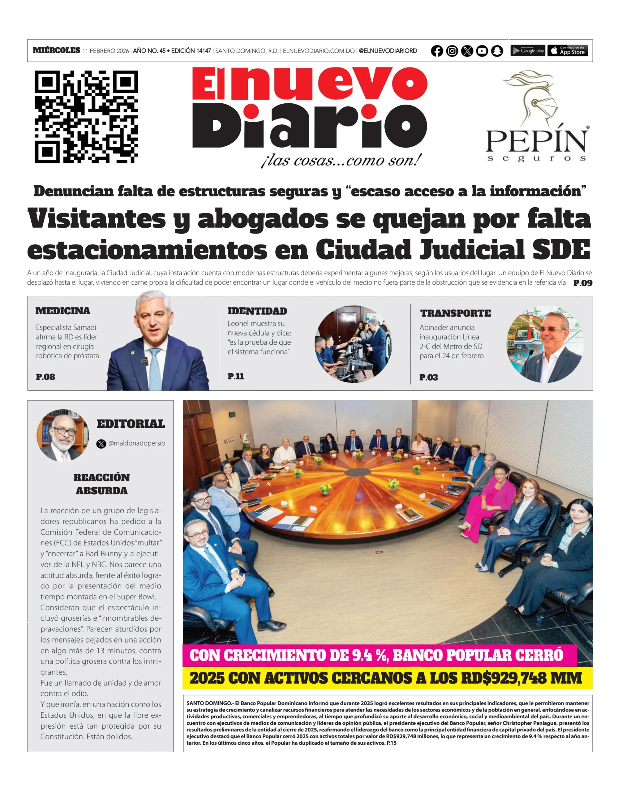 Portada Periódico El Nuevo Diario, Miércoles 11, Febrero, 2026