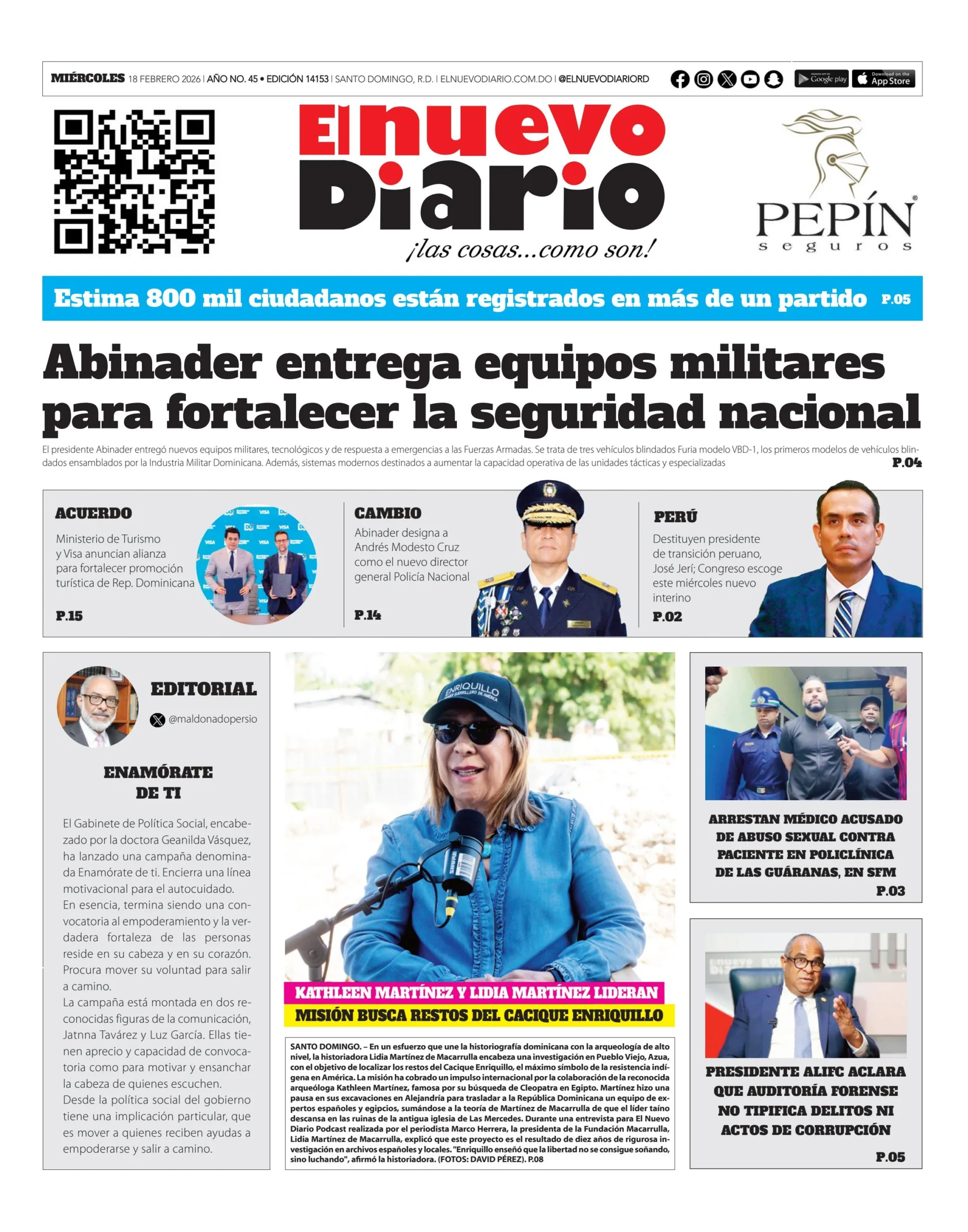 Portada Periódico El Nuevo Diario, Miércoles 18, Febrero, 2026
