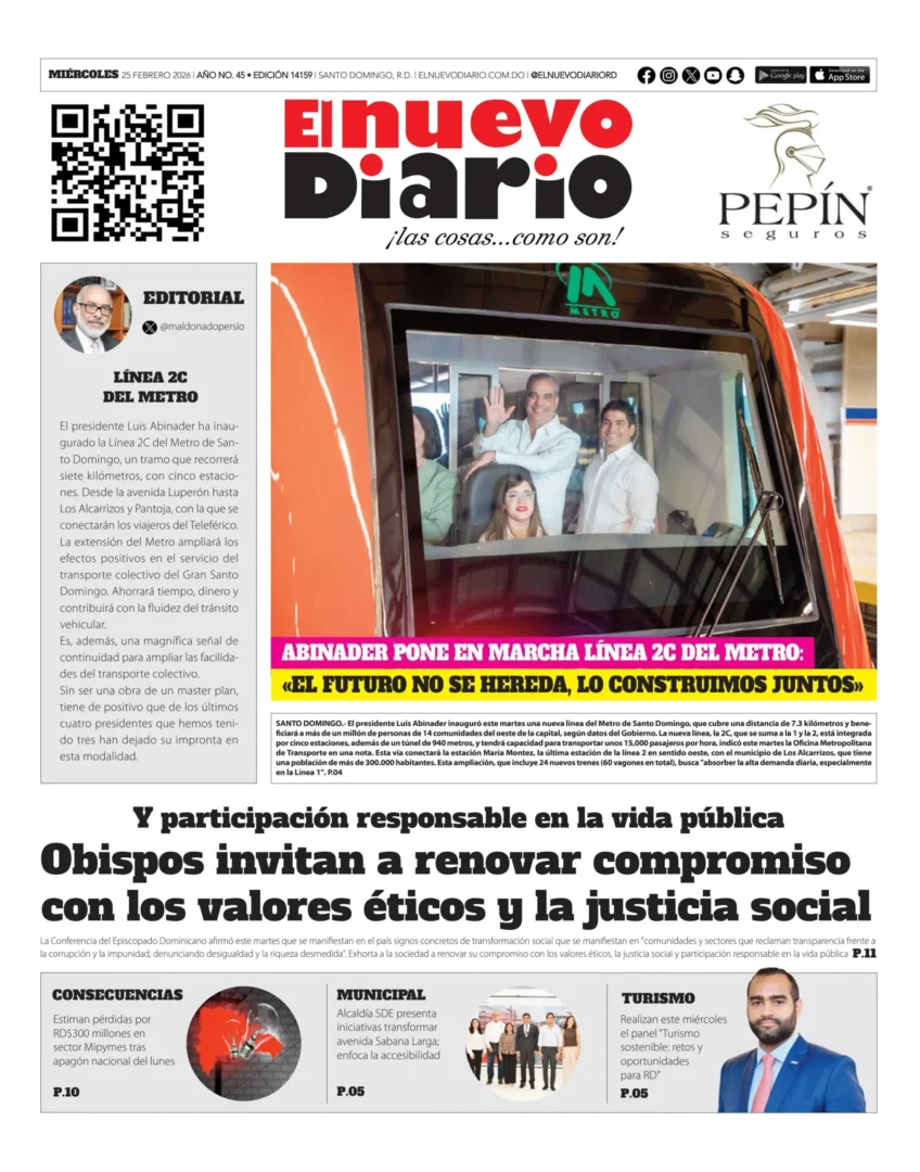 Portada Periódico El Nuevo Diario, Miércoles 25, Febrero, 2026
