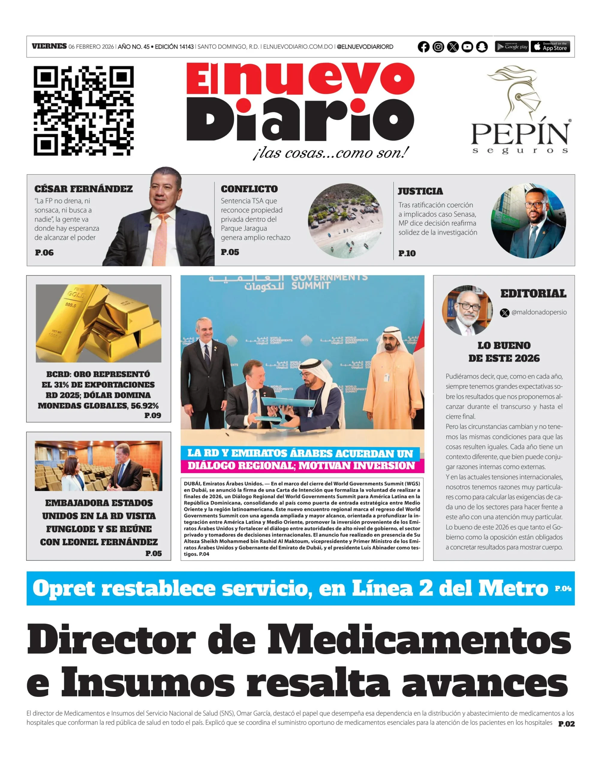 Portada Periódico El Nuevo Diario, Viernes 06, Febrero, 2026
