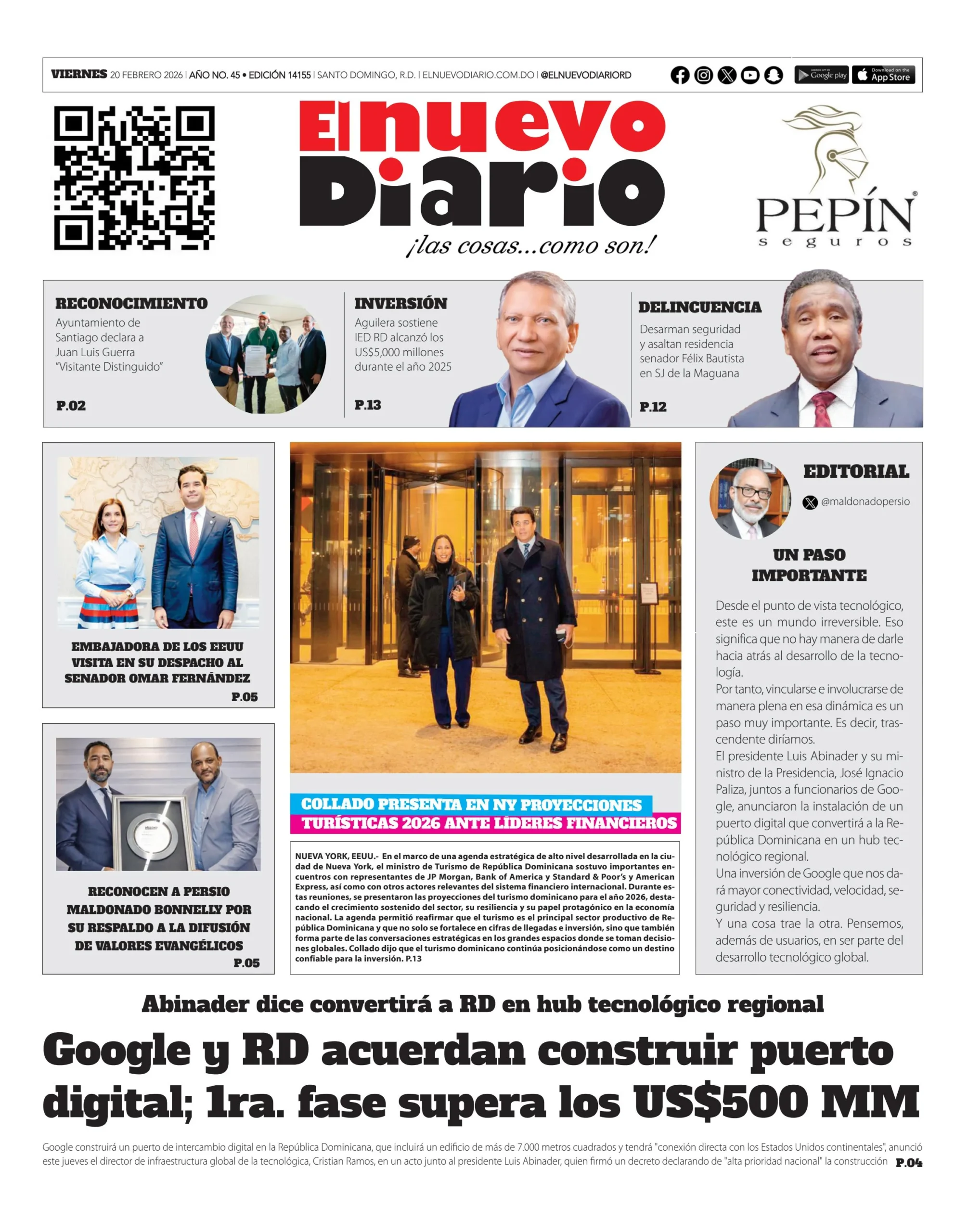 Portada Periódico El Nuevo Diario, Viernes 20, Febrero, 2026
