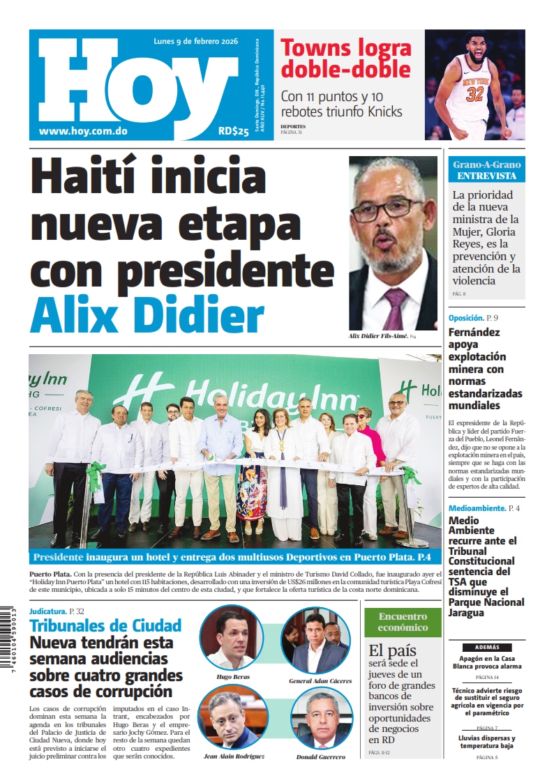 Portada Periódico Hoy, Lunes 09, Febrero, 2026