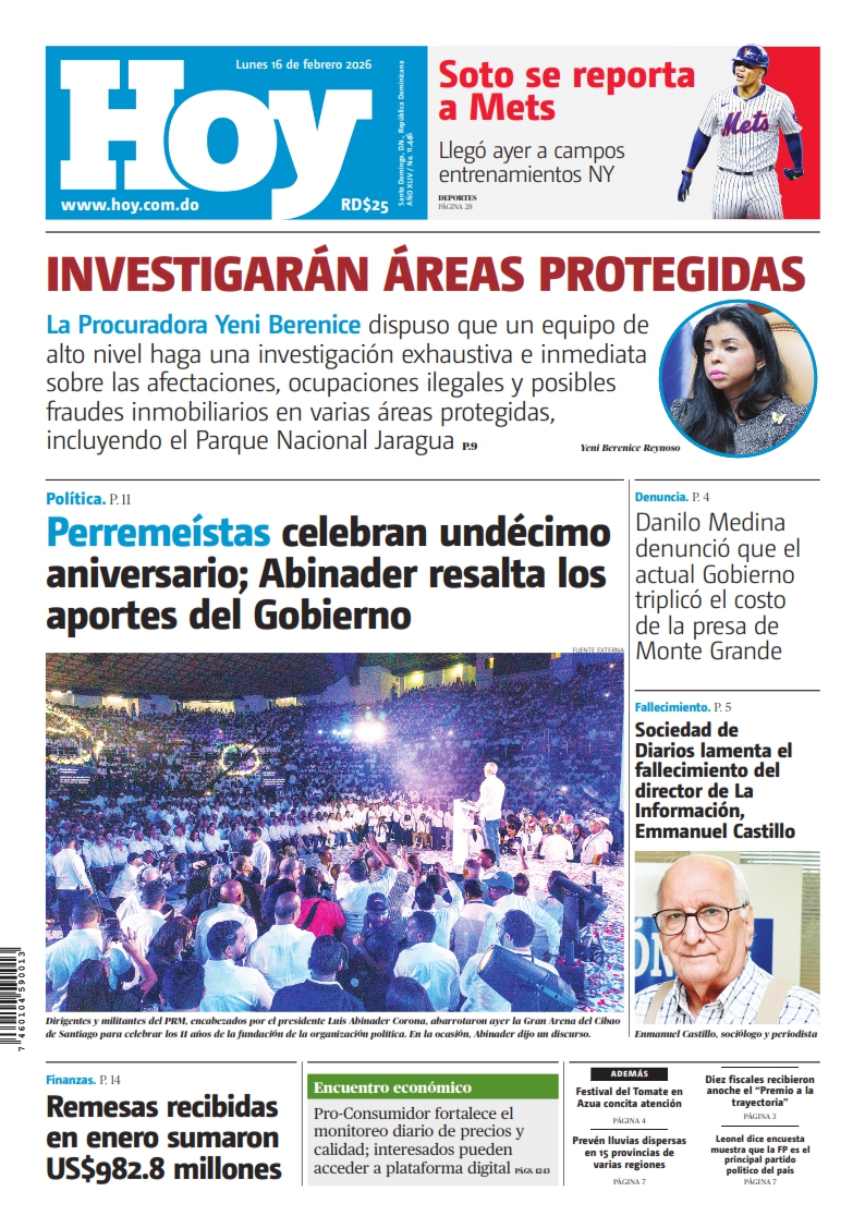 Portada Periódico Hoy, Lunes 16, Febrero, 2026