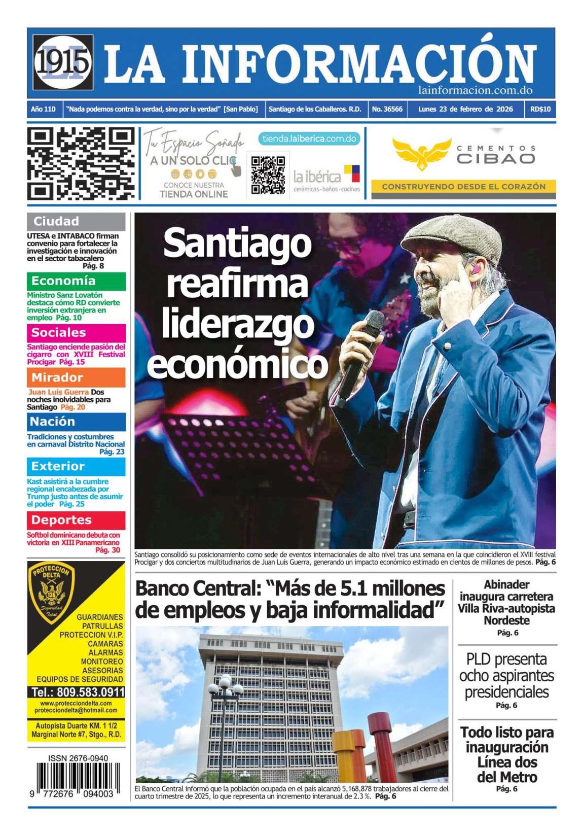 Portada Periódico Hoy, Lunes 23, Febrero, 2026