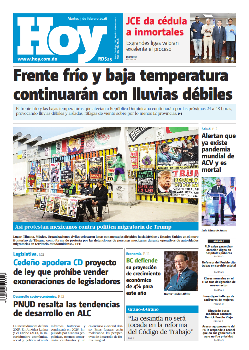Portada Periódico Hoy, Martes 03, Febrero, 2026