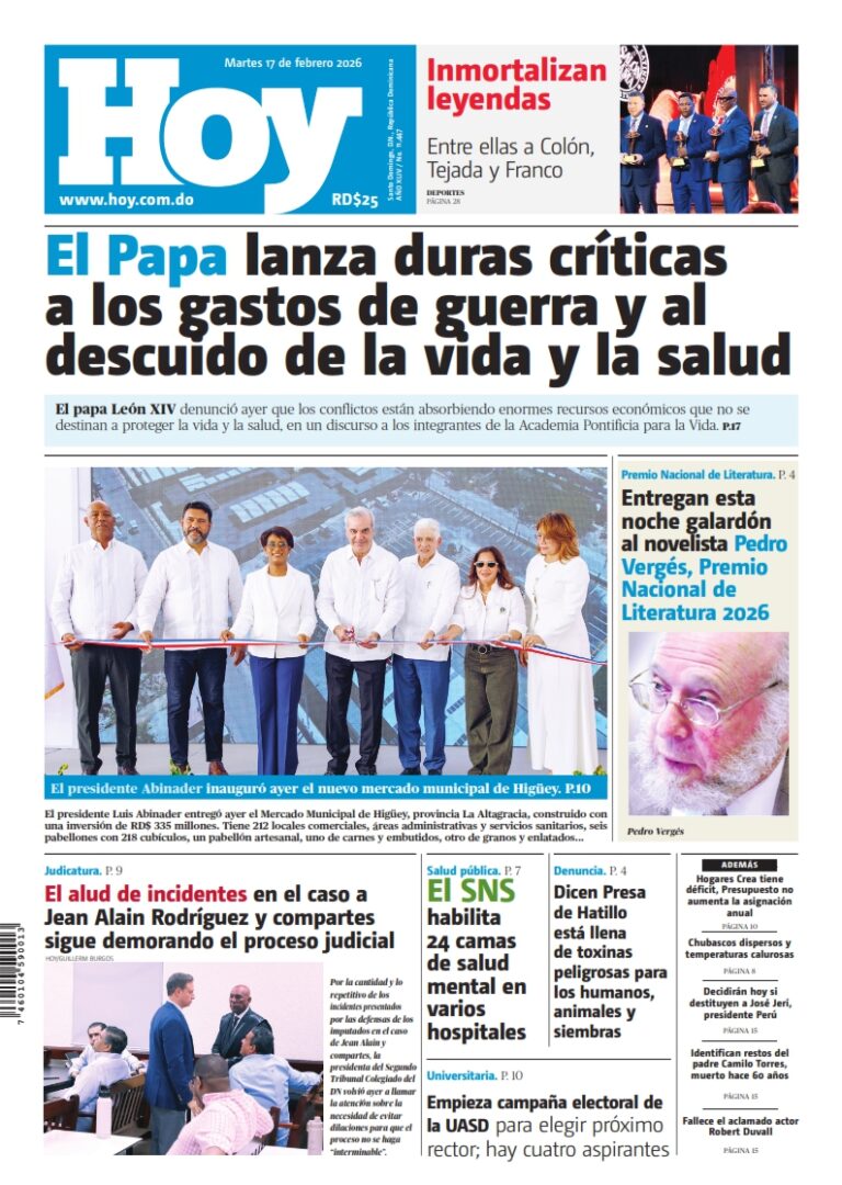 Portada Periódico Hoy, Martes 17, Febrero, 2026