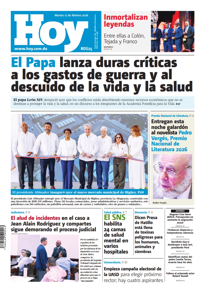 Portada Periódico Hoy, Martes 17, Febrero, 2026