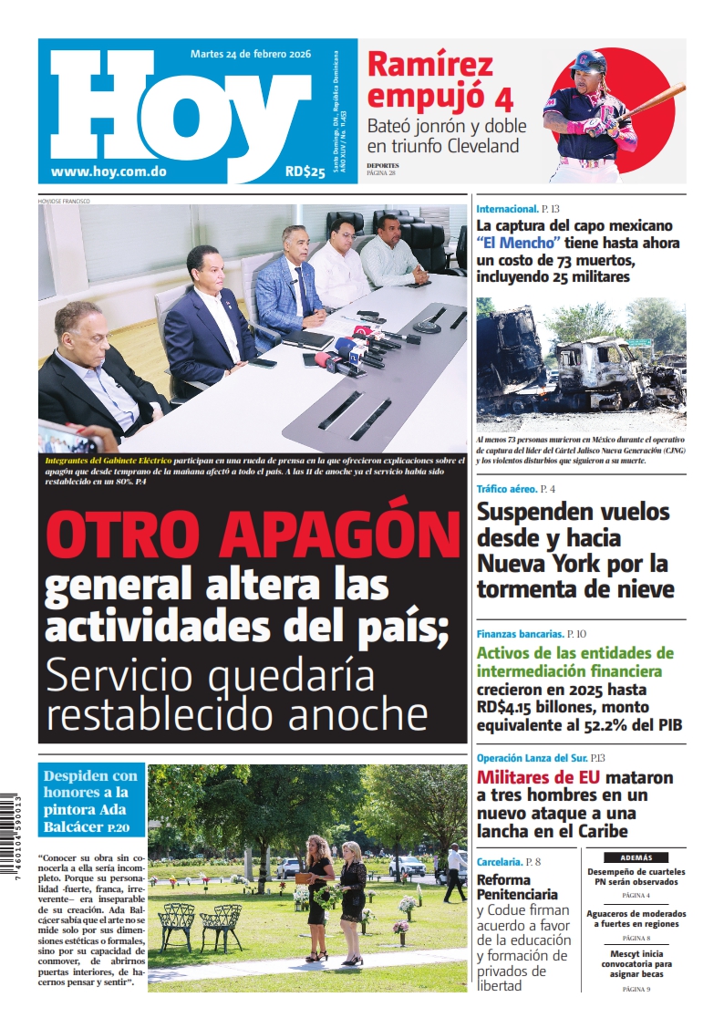 Portada Periódico Hoy, Martes 24, Febrero, 2026
