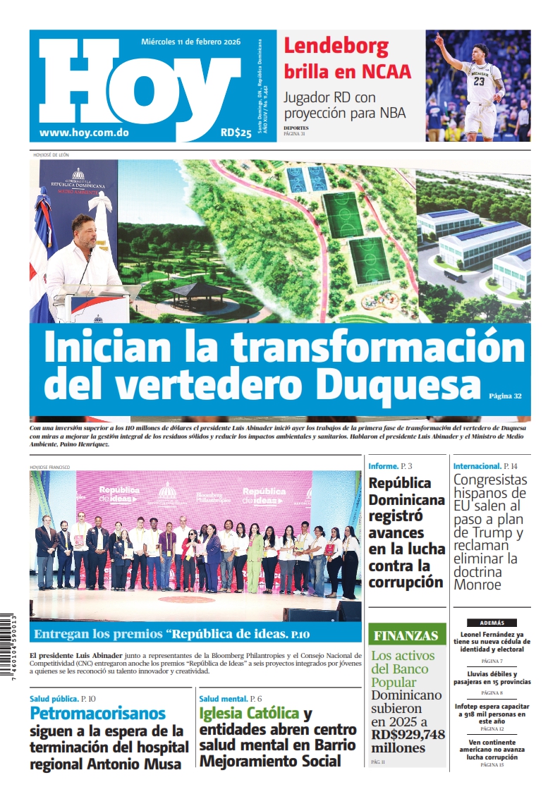 Portada Periódico Hoy, Miércoles 11, Febrero, 2026