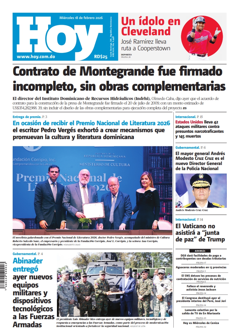 Portada Periódico Hoy, Miércoles 18, Febrero, 2026