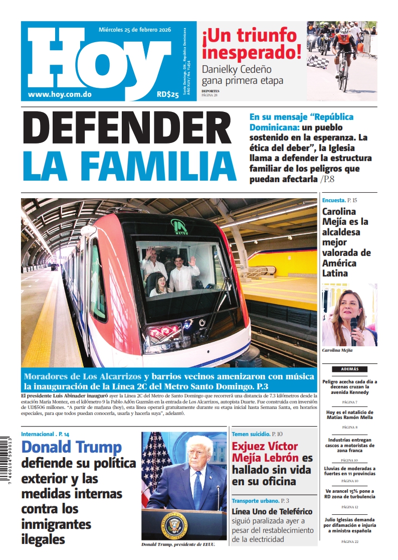 Portada Periódico Hoy, Miércoles 25, Febrero, 2026