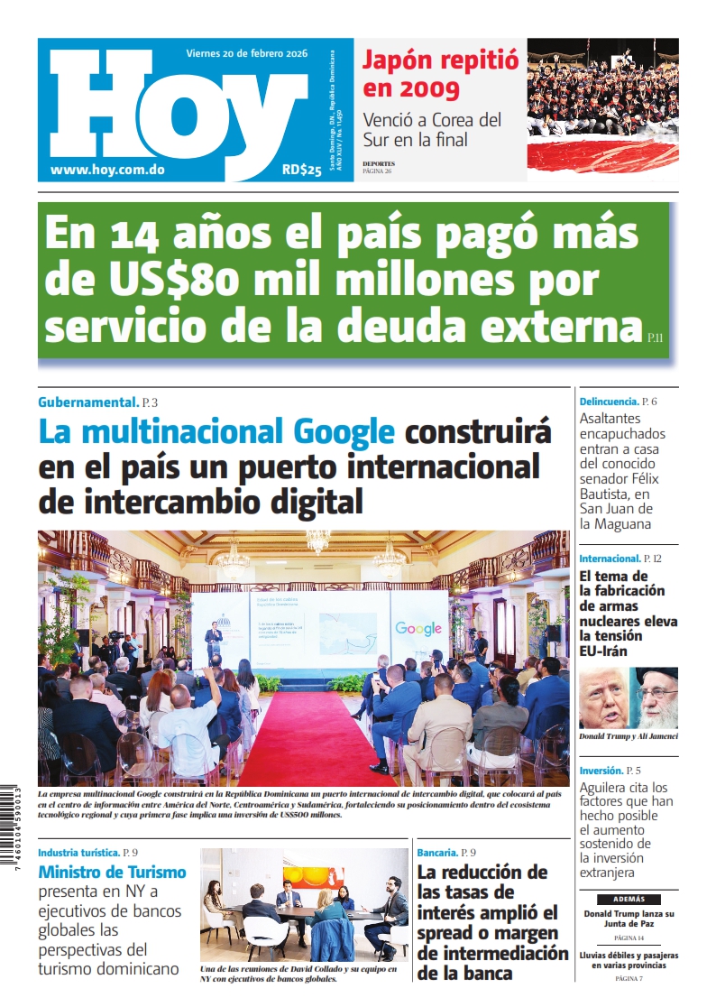 Portada Periódico Hoy, Viernes 20, Febrero, 2026