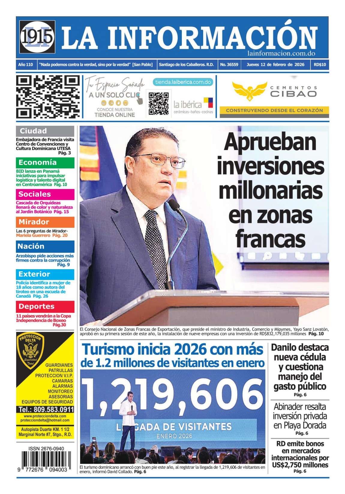 Portada Periódico La Información, Jueves 12, Febrero, 2026