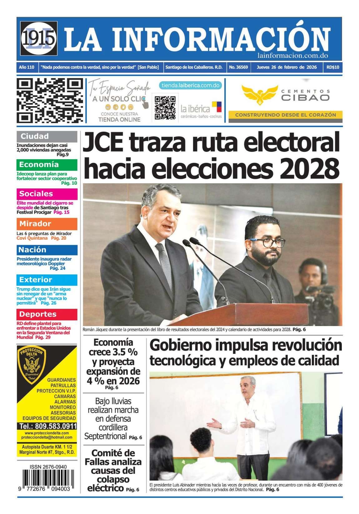 Portada Periódico La Información, Jueves 26, Febrero, 2026