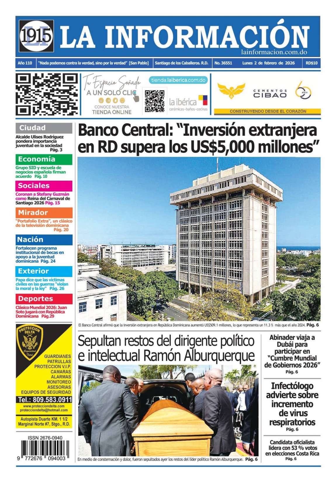 Portada Periódico La Información, Lunes 02, Febrero, 2026