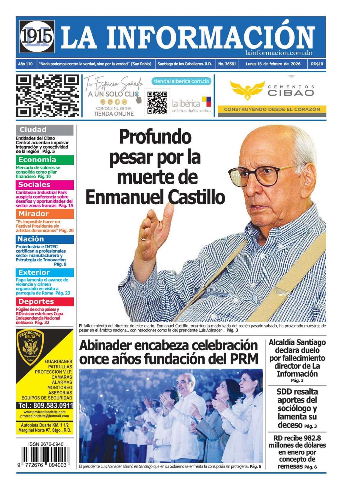 Portada Periódico La Información, Lunes 16, Febrero, 2026