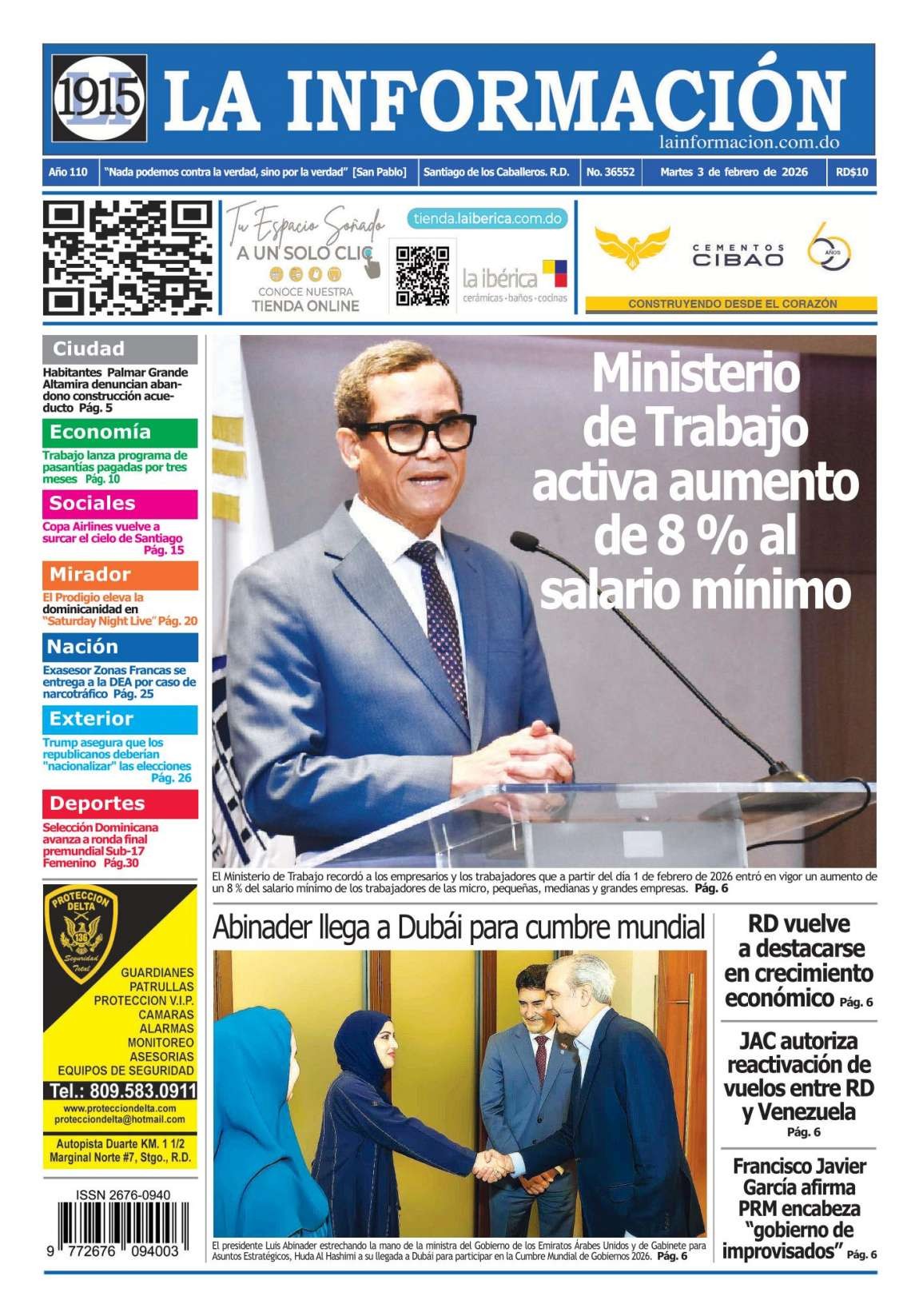 Portada Periódico La Información, Martes 03, Febrero, 2026