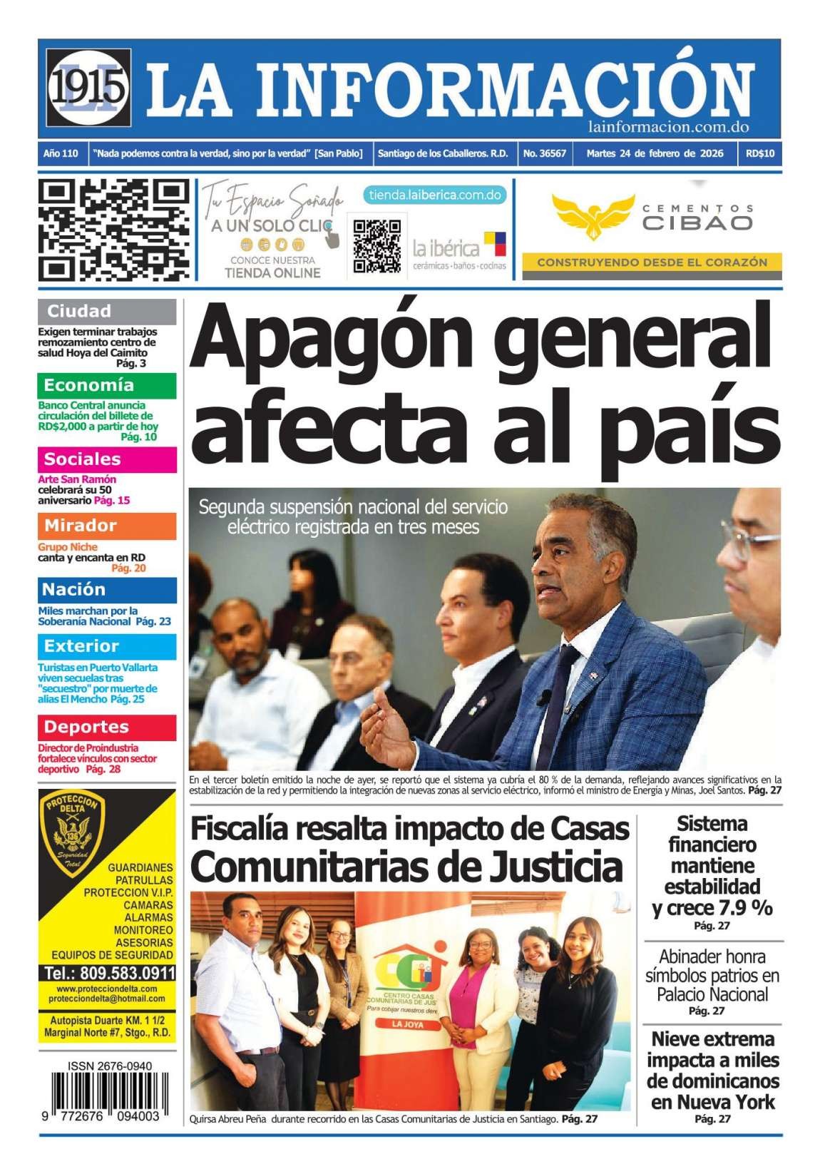 Portada Periódico La Información, Martes 24, Febrero, 2026