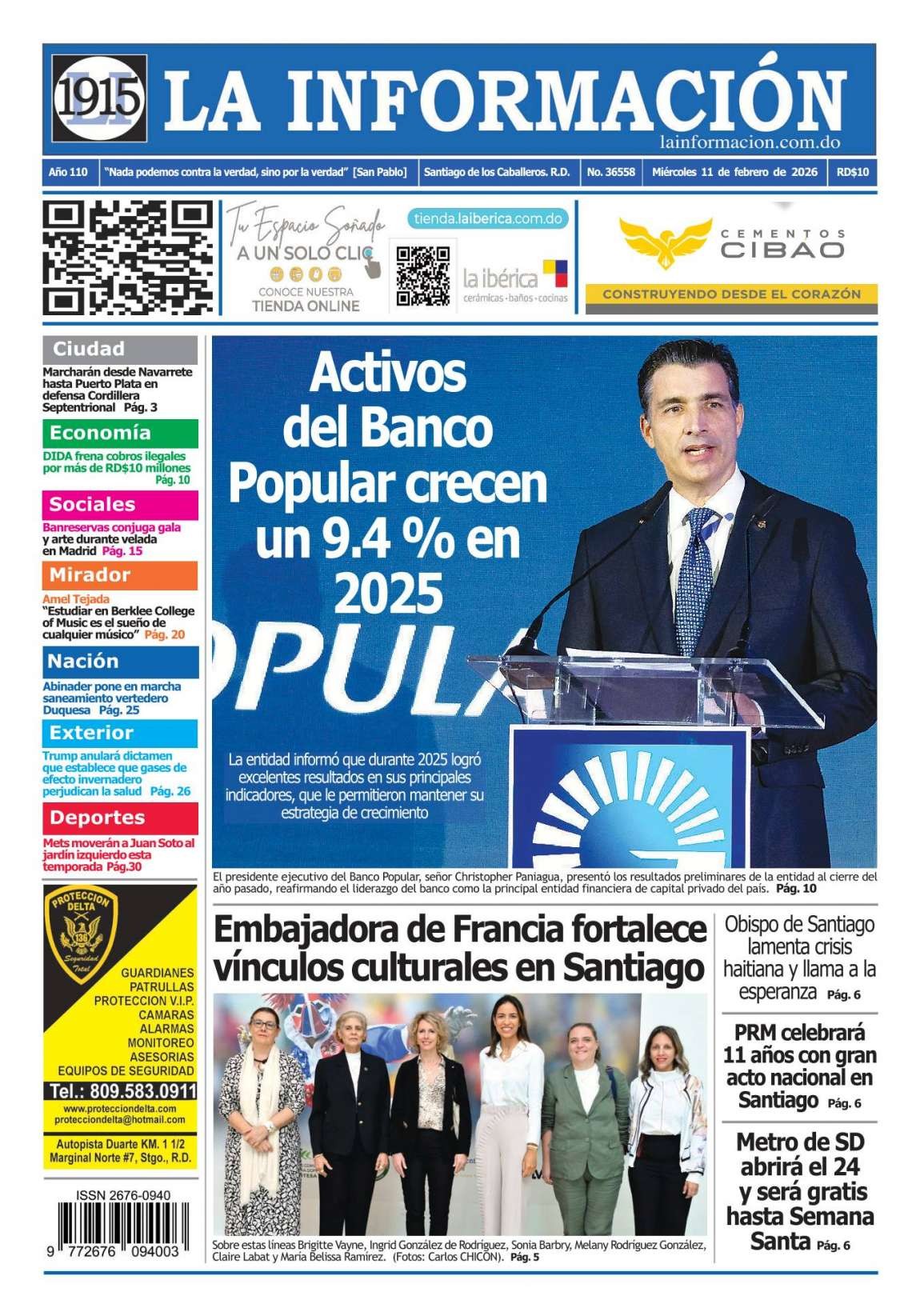Portada Periódico La Información, Miércoles 11, Febrero, 2026
