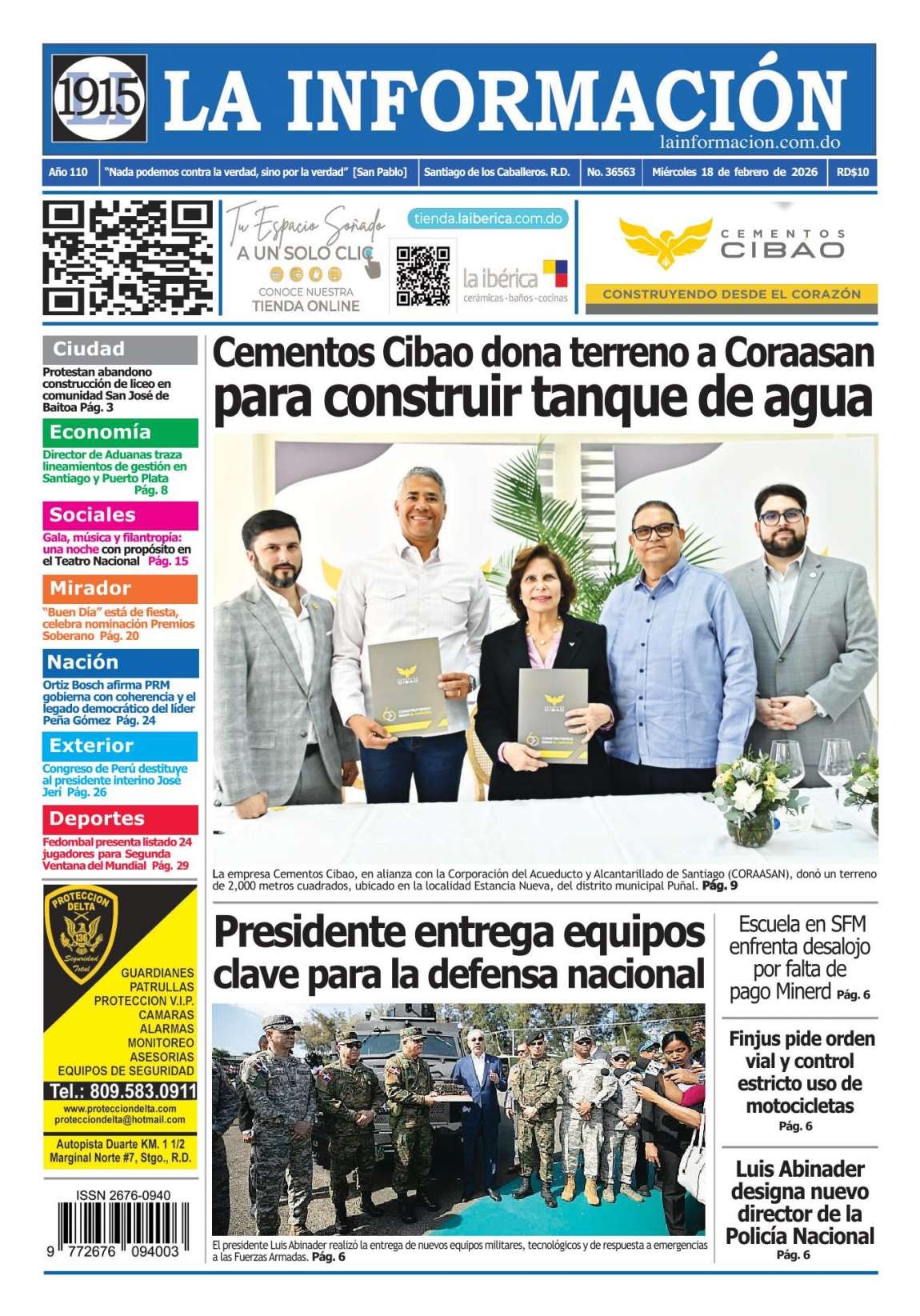 Portada Periódico La Información, Miércoles 18, Febrero, 2026