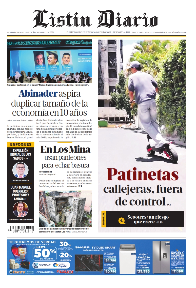 Portada Periódico Listín Diario, Jueves 05, Febrero, 2026