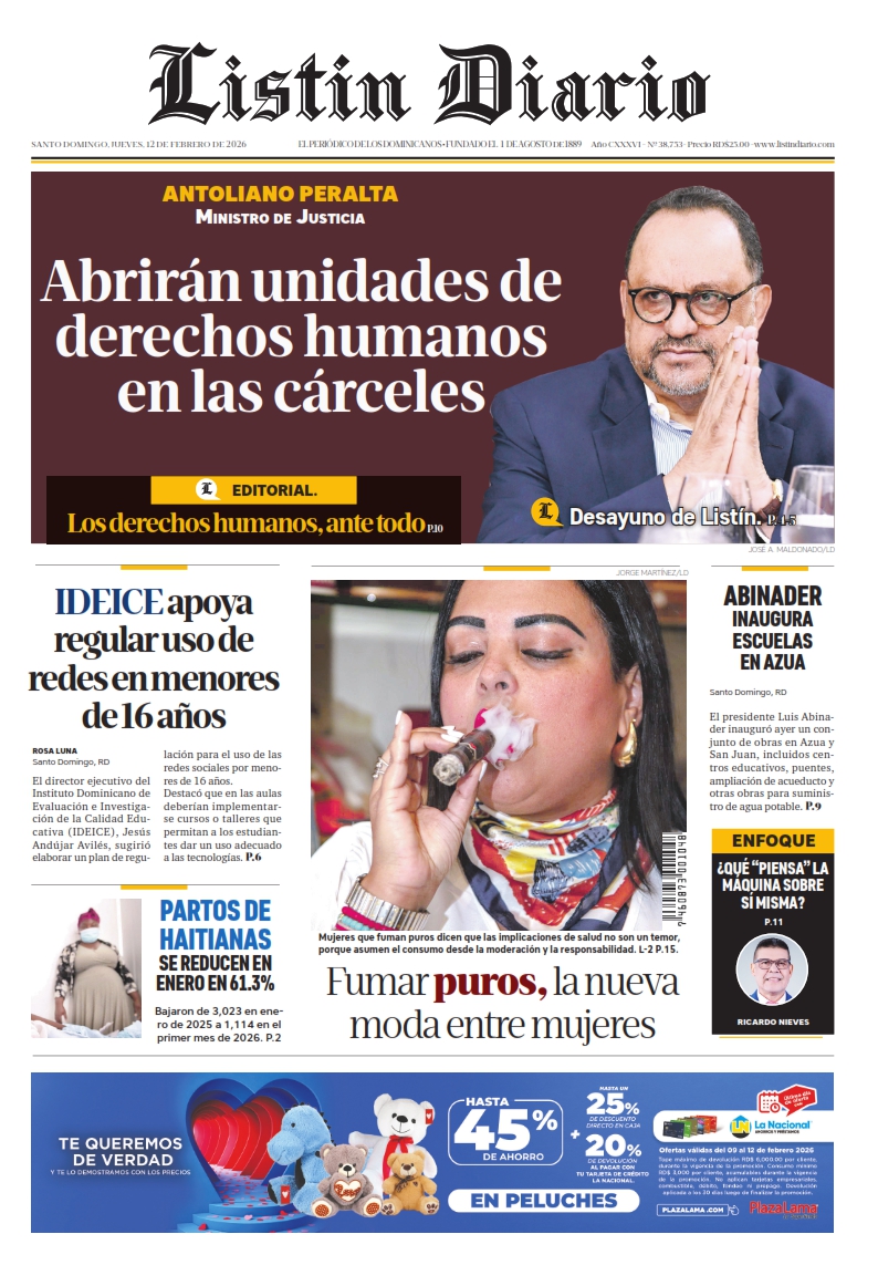 Portada Periódico Listín Diario, Jueves 12, Febrero, 2026