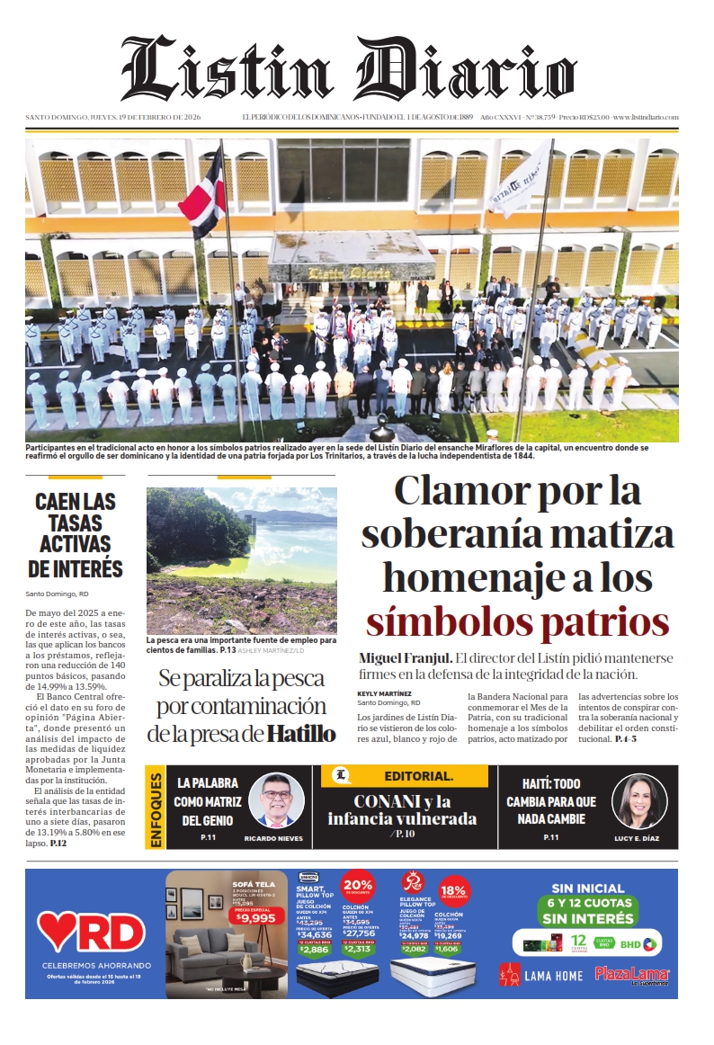 Portada Periódico Listín Diario, Jueves 19, Febrero, 2026