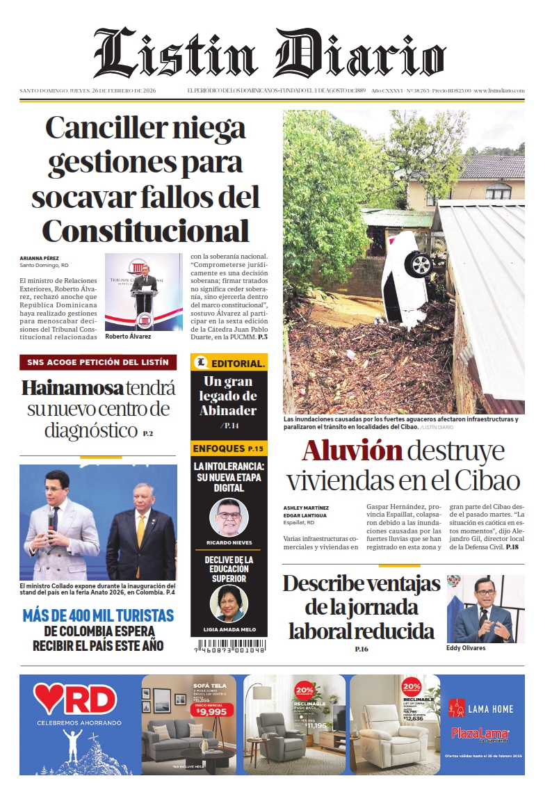 Portada Periódico Listín Diario, Jueves 26, Febrero, 2026