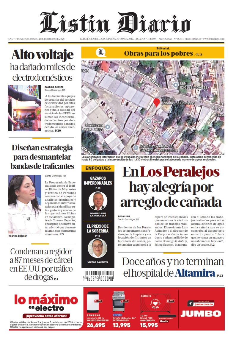 Portada Periódico Listín Diario, Lunes 02, Febrero, 2026