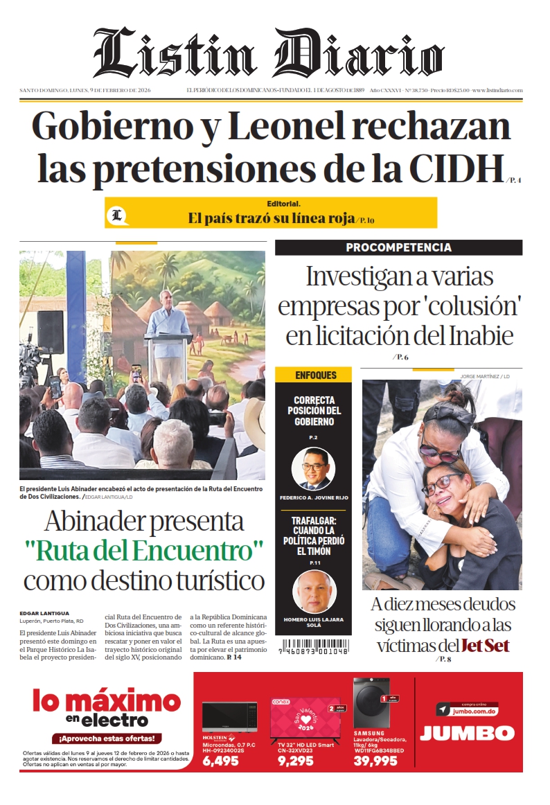 Portada Periódico Listín Diario, Lunes 09, Febrero, 2026