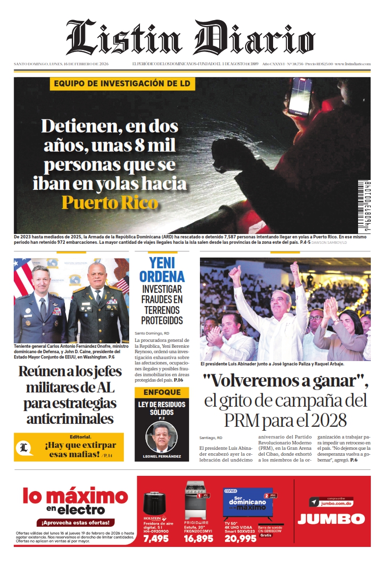 Portada Periódico Listín Diario, Lunes 16, Febrero, 2026