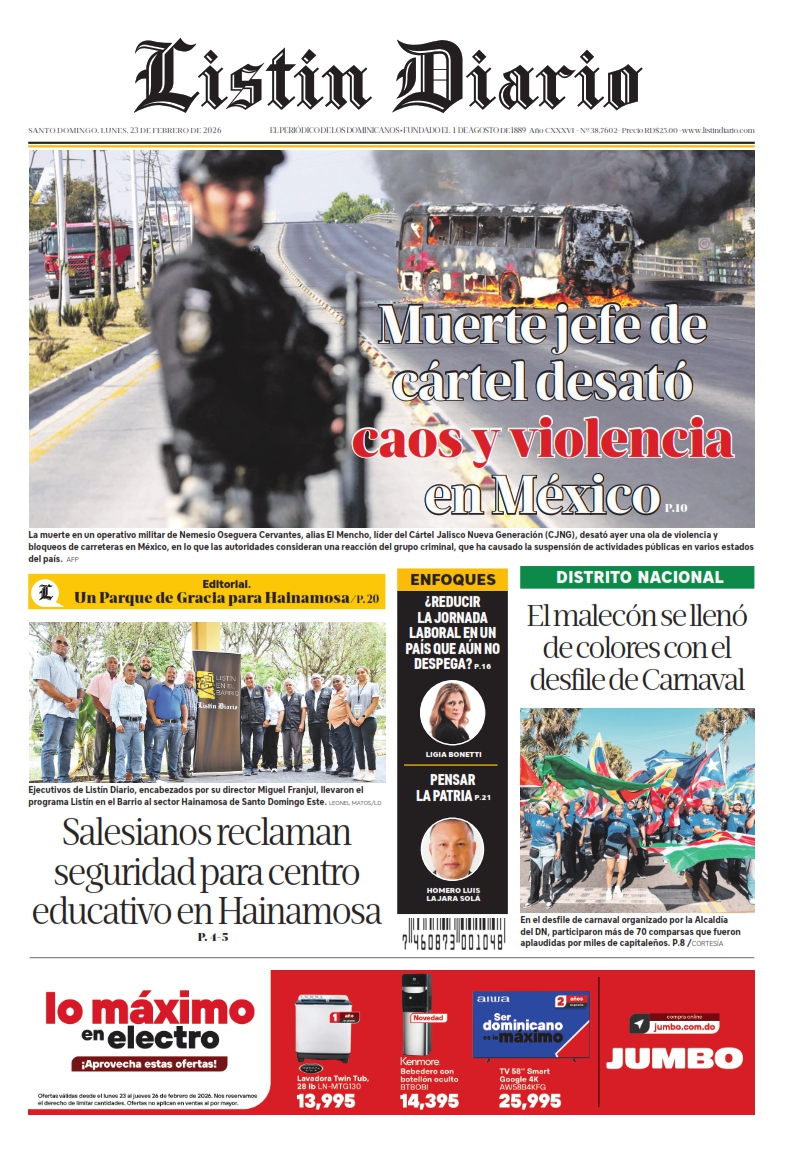 Portada Periódico Listín Diario, Lunes 23, Febrero, 2026